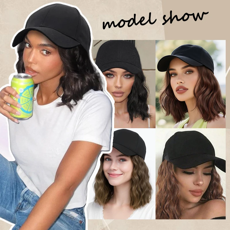 Synthetic Hat Wig with Wavy Hair Extension 8inch Short Curly Hair with Black Baseball Hat Hairpiece Adjustable Hat for Women Use
