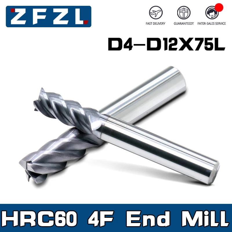 

4 Flutes HRC60 Carbide End Mill 45° D4-D12 75L Milling Cutter Alloy Coating Tungsten Steel Cutting Tool CNC maching Endmills