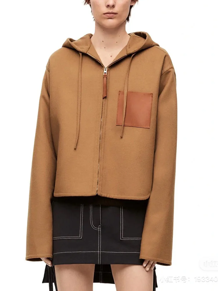 

y2k autumn and winter color collision hooded short long-sleeved wool jackets for women2023 simple loose winter clothes women