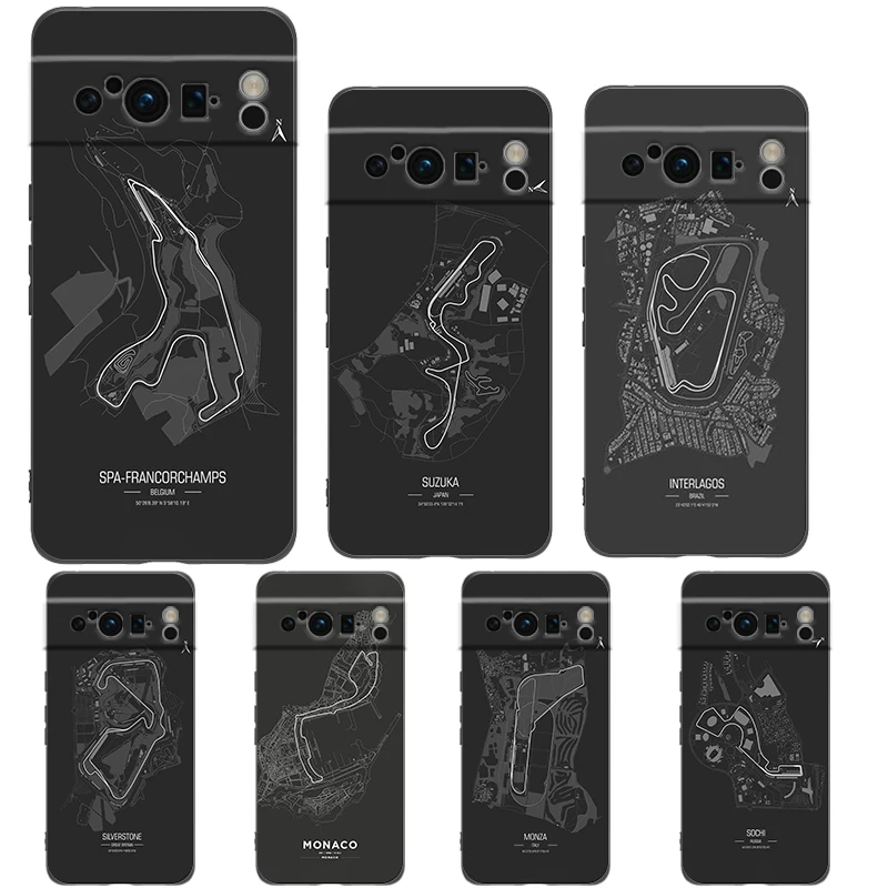 Telefon Fall Abdeckung für Google Pixel/9/8/7/6/7A/6A/Pro Stoßfest Weiche TPU 9/Pro/XL Shell Capas Fundas F1 Rennen Track Drucke Coque