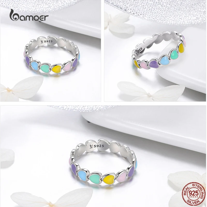 Bamoer 925 Sterling Silver Rainbow Heart Ring Colorful Zircon Ring Endless Love Fine Jewelry Lucky for Women Birthday Gift Silver Ring Silver Rings Silver Heart Ring