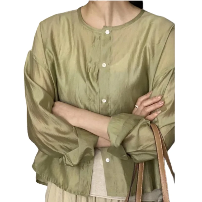 

Minimalist Versatile Long Sleeved Short Open Stitch 2024 New Summer Rayon O-neck Tops And Blouse For Women Loose Street Coat