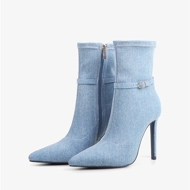 

Concise classic blue denim side zipper 9cm super high thin heels pointed toe size 34-41 office women ankle boots HL560 MUYISEXI