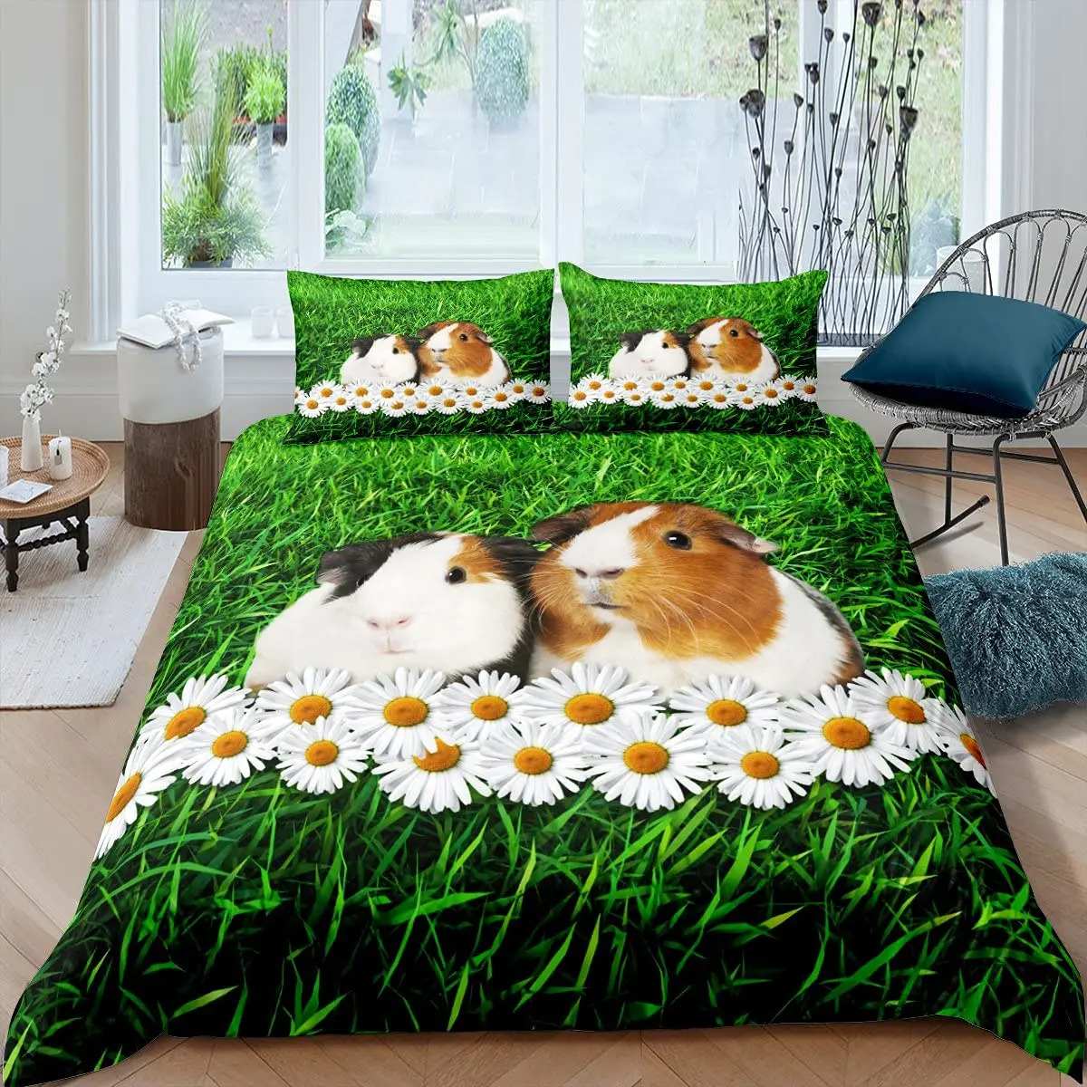 Guinea Pig Duvet Cover King/Queen Size for Kids Teens Boys Girls,Cute Cartoon Hamster Rodents Bedding Set for Dorm Bedroom,White