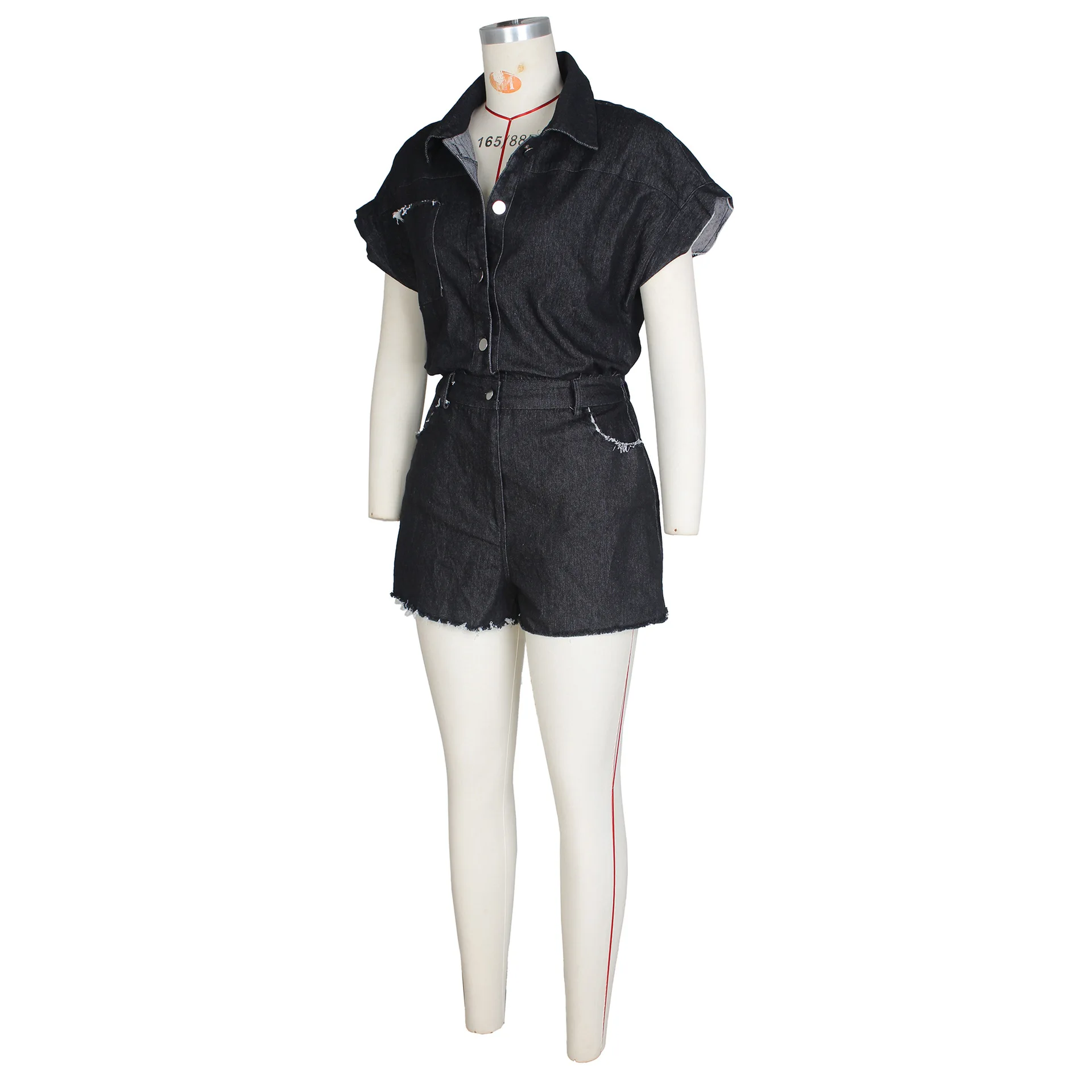 Women Short Sleeve Single Breasted Turn-down Collar Denim Short Jumpsuit Elastic Jeans One Piece Suit Romper Playsuits