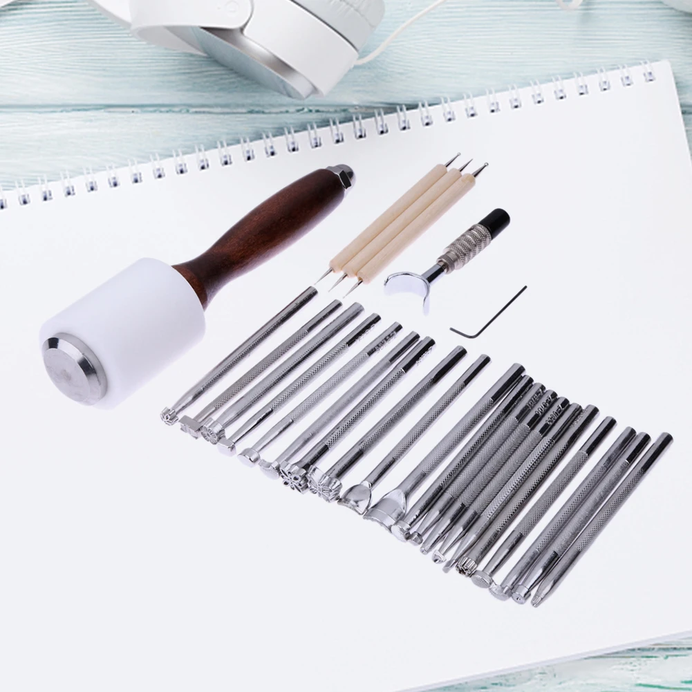 25PCS/Set Manual Leather Carving Stamp Hammer Embossing Beveler Tools Kit