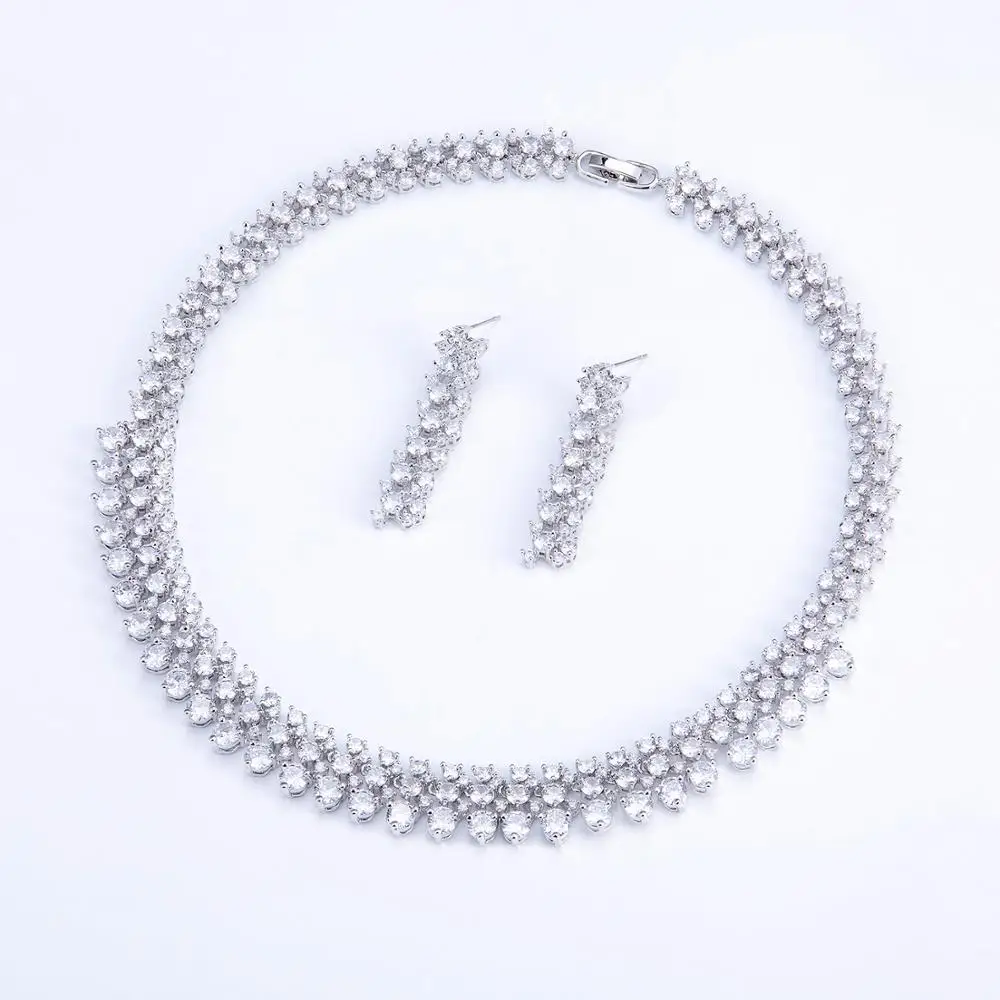 Brilliant 5A Cubic Zirconia Bridal Wedding Necklace Earring Set Women Prom Party Jewelry Sets