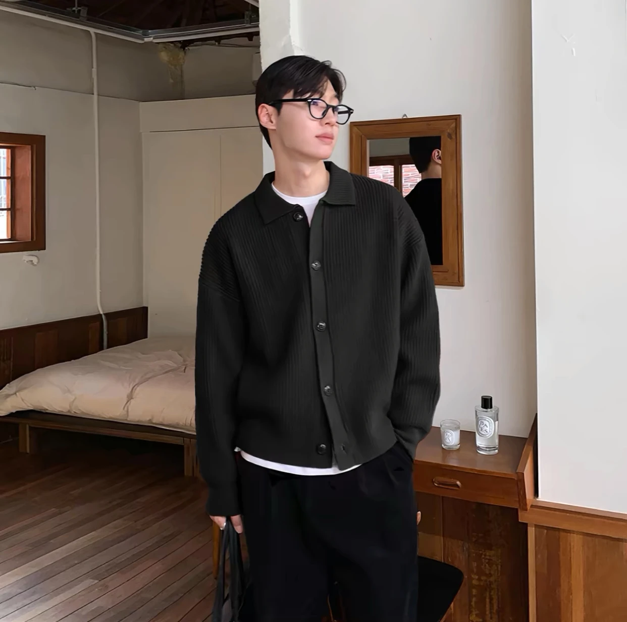 Core-spun yarn knitted cardigan jacket black