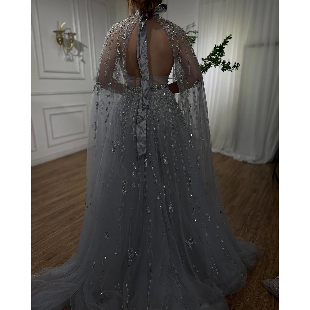 Serene Hill Dubai Arabic Luxury Nude A Line Beaded Evening Dresses With Cape Sleeves Gowns For Women  Wedding Party 2023 LA71803