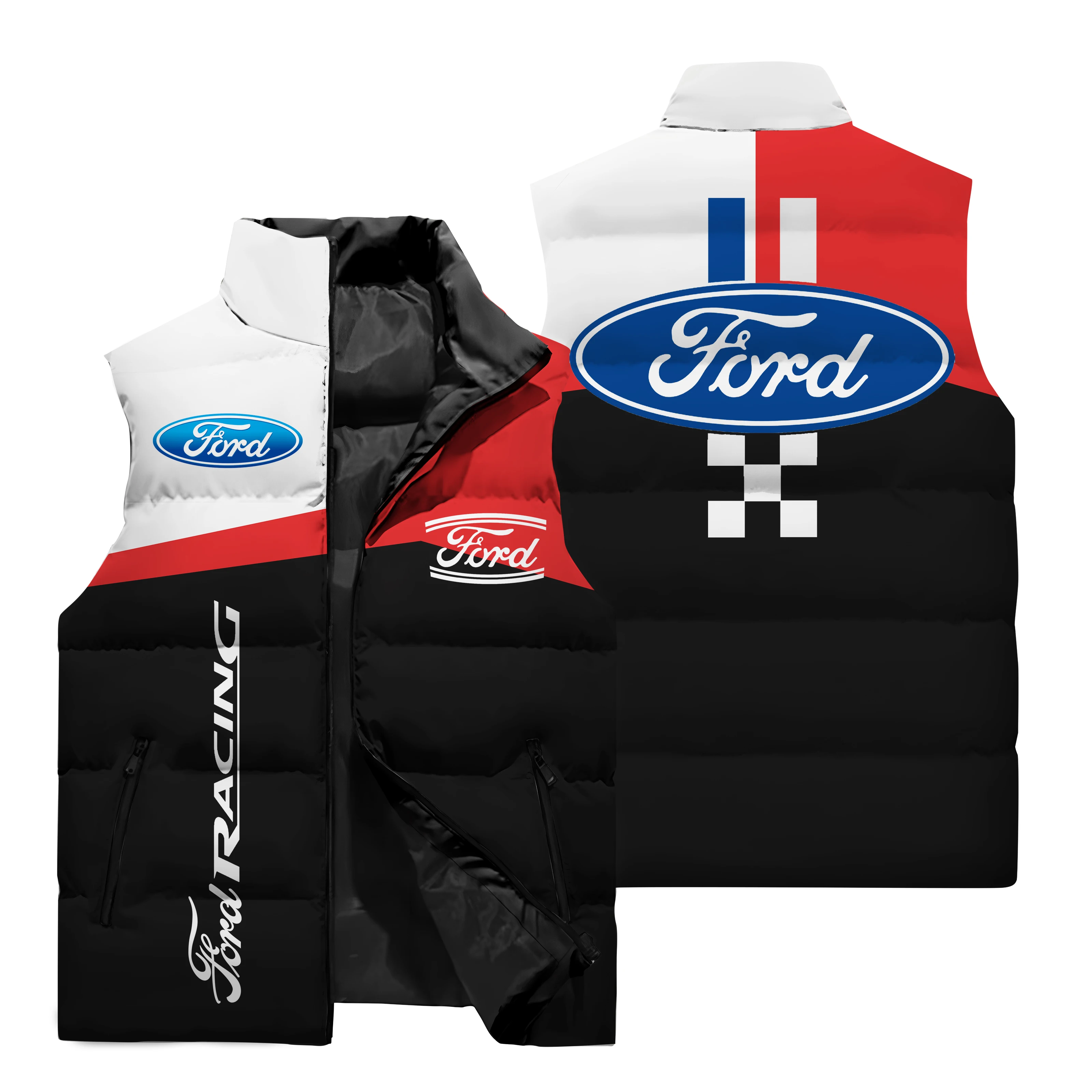 thumbnail image 2 of Chaqueta sin mangas con estampado de coche clásico en 3D para hombre, chaleco deportivo para exteriores, todoterreno, tendencia urbana, chaqueta con cuello alto y bolsillo con cremallera, 2 of 5