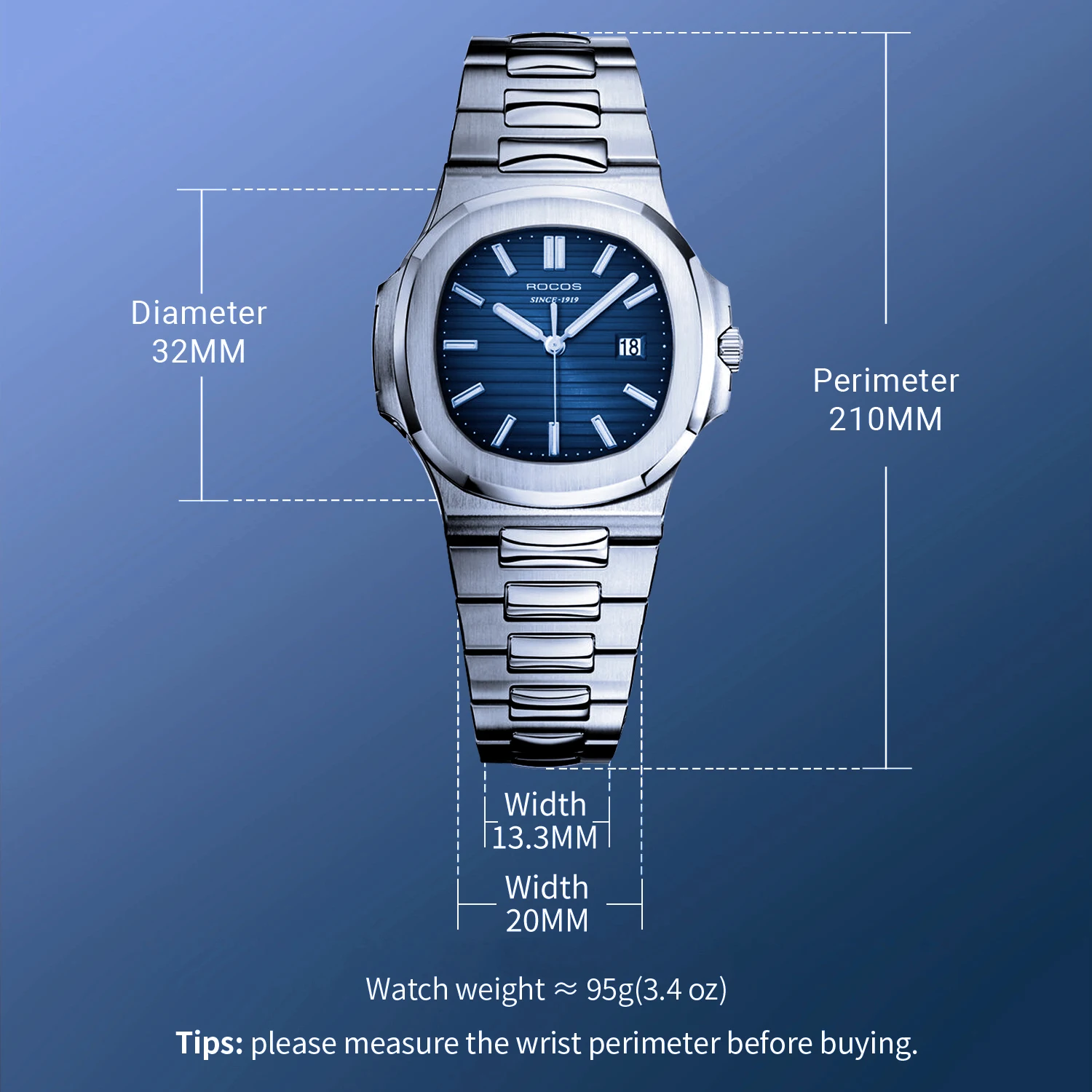 ROCOS Luxury Brand Watch Nautilus Ladies High Quality Fashion Quartz Blue Dial Square Wrist Watch Women's Waterproof Watch R139L 6