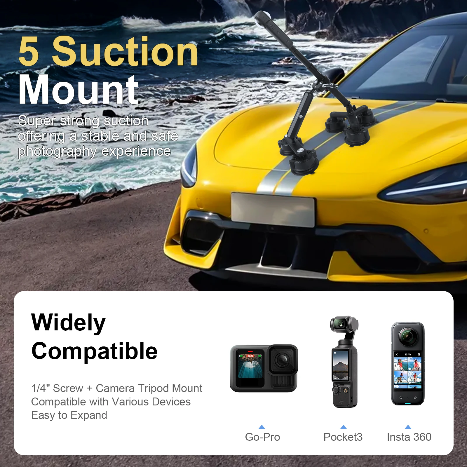 NEEWER Triple Suction Cup Car Mount With 2-in-1 Selfie Stick – For GoPro, Insta360, Action Cameras