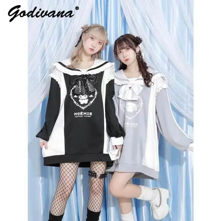Japanese Sanrio Fashion Sweatshirts Women Autumn New Girly Style Loose Sailor Collar Mine Bow Long Sleeve Kawaii Hoodies Top