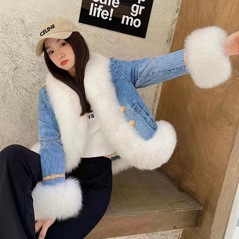 

Imitation Fox Fur Jacket for Women, Cowboy Stitching Overcoat, Short to Overcome Female Outwear, Loose Thick Warm Parka, Winter