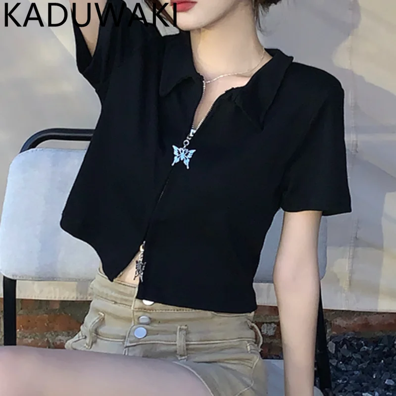 

Футболка женская однотонная с отложным воротником, повседневная пикантная приталенная рубашка с коротким рукавом, на молнии, с разрезом, с бабочкой, в винтажном стиле, лето