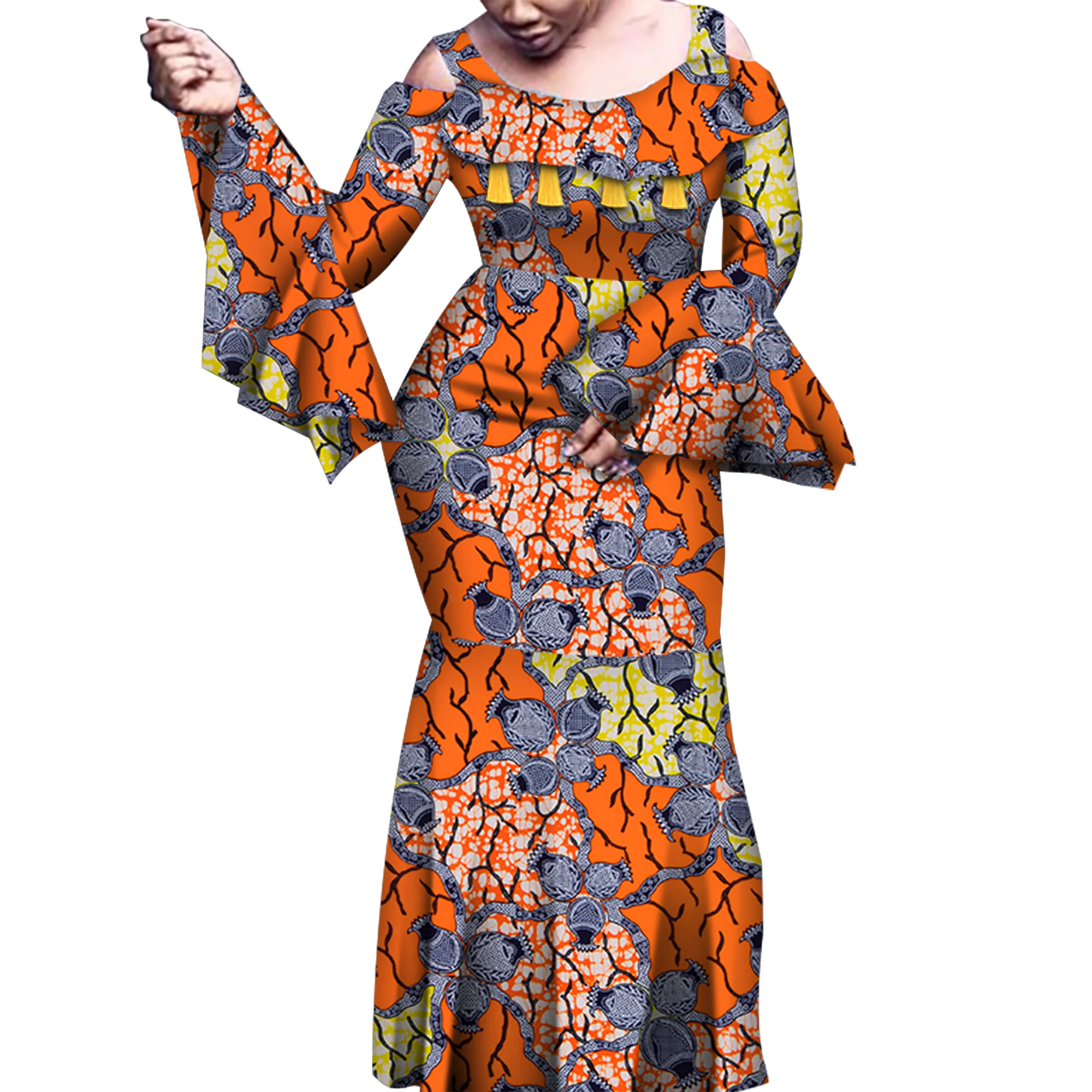 African Dresses for Women Print Flare Long Sleeve Dresses Vestidos  Riche African Wedding Party Sexy Ankara Dresses WY6843