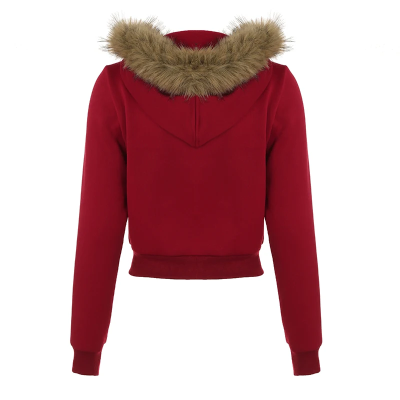 Sudadera con capucha y ribete de piel Y2K con estampado de letras rojas, abrigo con cremallera y bolsillo para mujer, ropa de calle de invierno de los 90, ropa de abrigo vintage