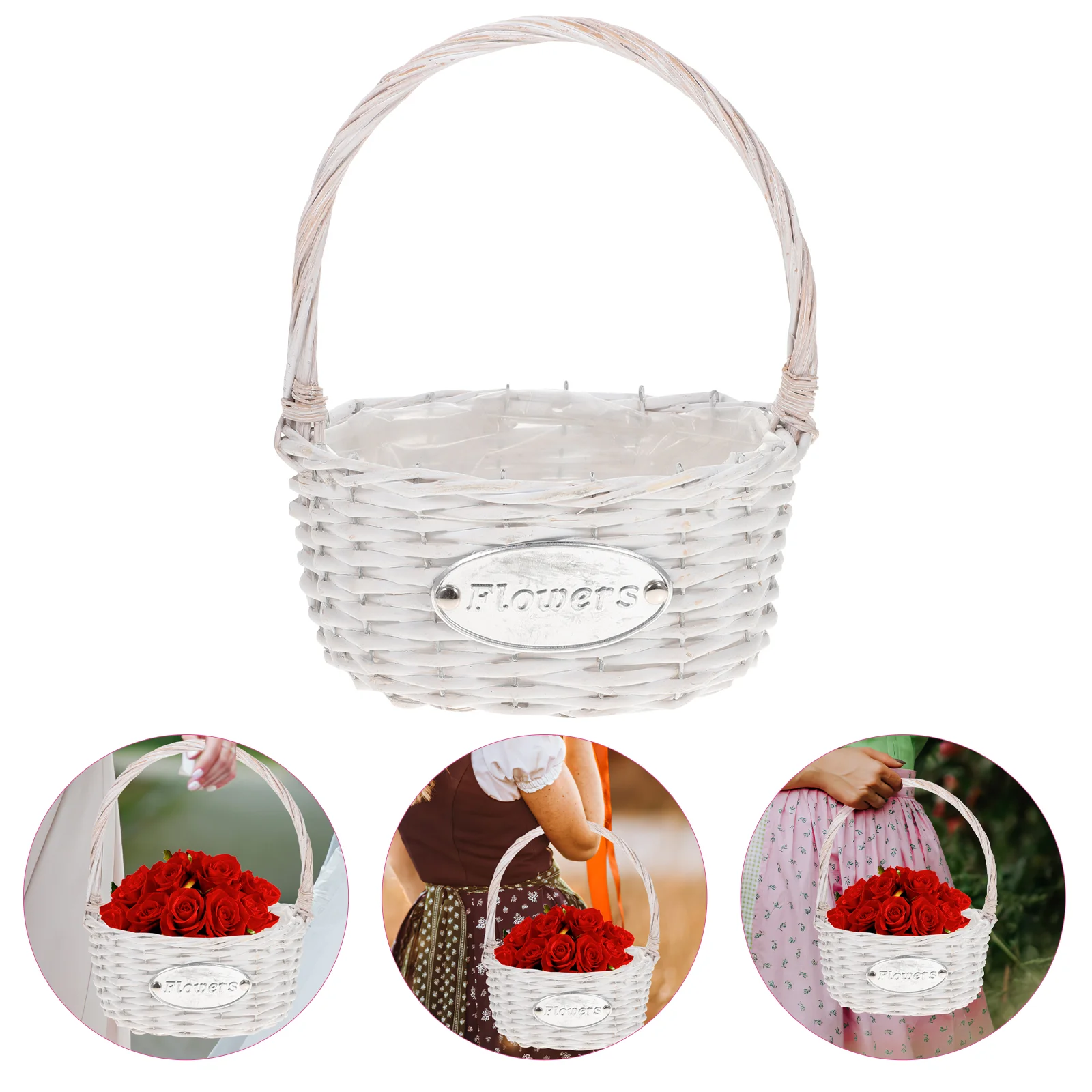 

1pc Bride Basket Photo Prop Portable Woven Flower Basket Wedding Party Supply