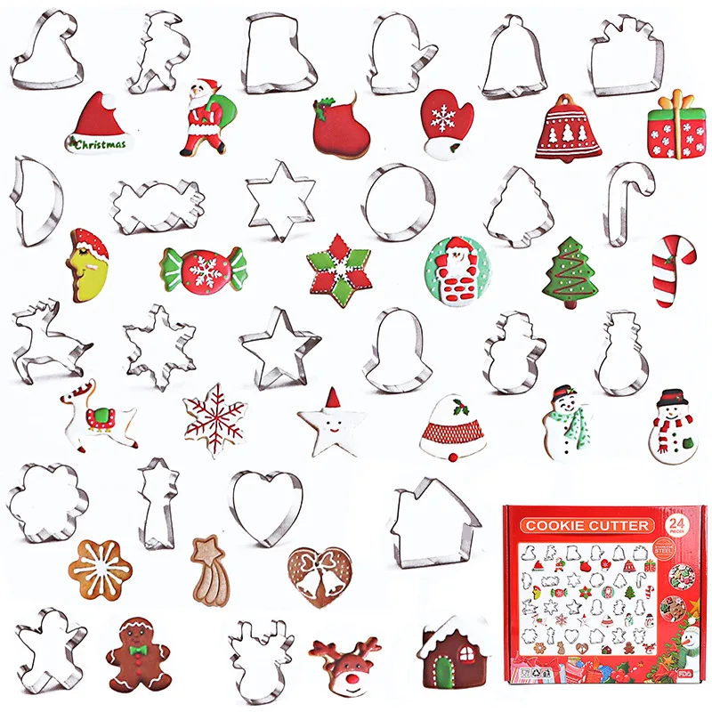 

24pcs Christmas Cookie Cutting Mold Stainless Steel Biscuit Mould Christmas Tree Gingerbread Man Santa Bell Dessert Baking Mold