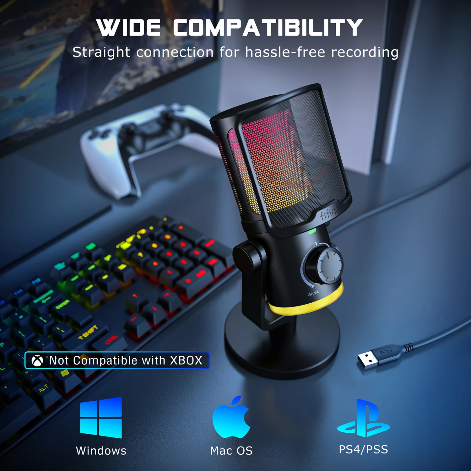FIFINE USB ゲーミングマイク、ノイズキャンセリング/RGB/ゲイン
