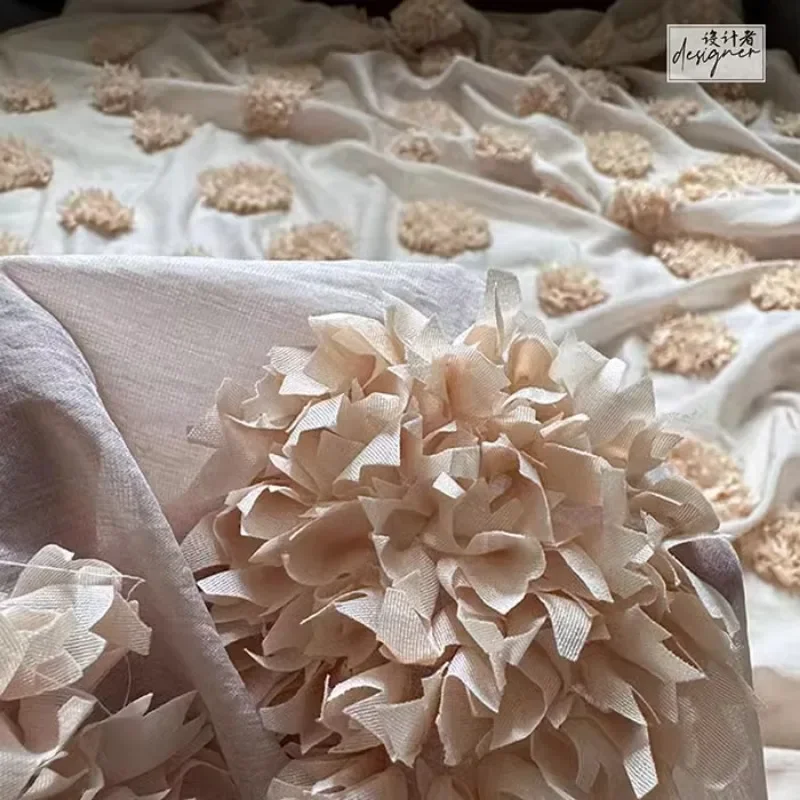 Skin Pink Three-dimensional Large Flower Embroidered Skirt Wedding Dress Door Curtain Designer Fabric
