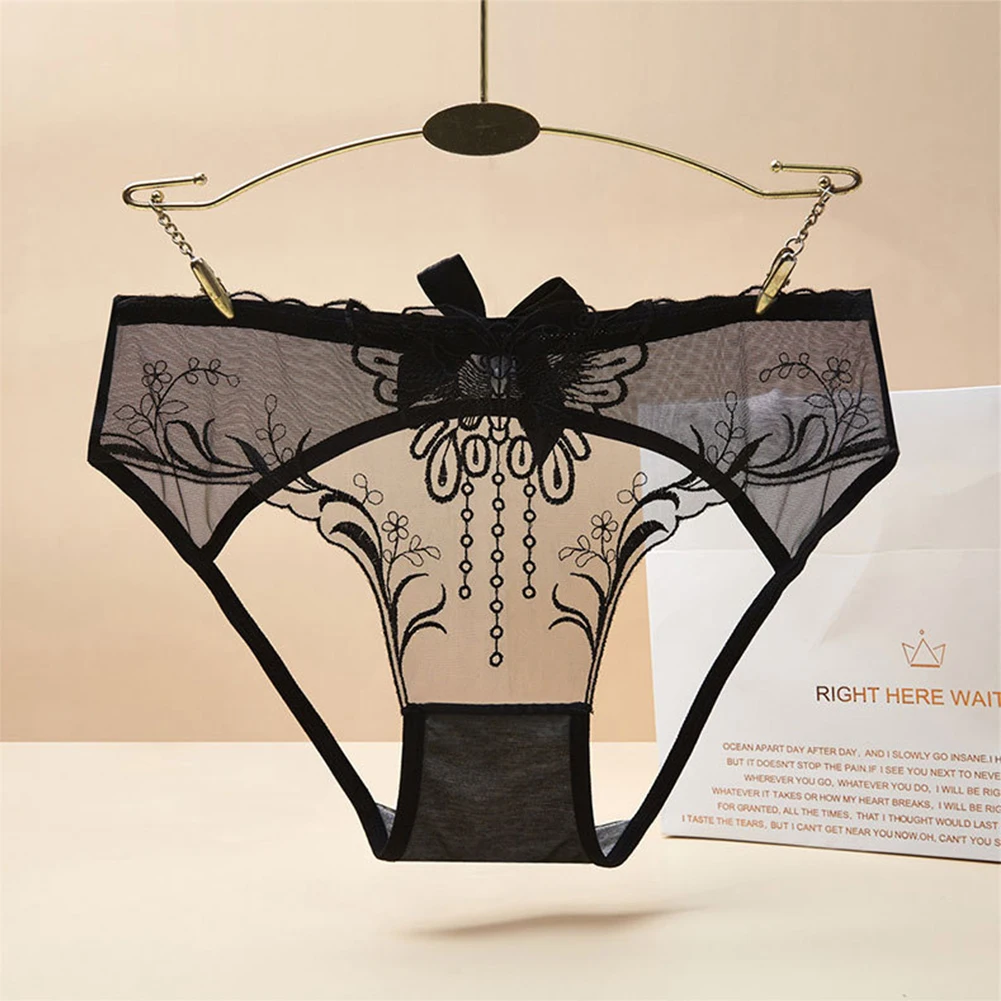 

Summer Women Sexy Lace Briefs Floral Embroidery Panties Ultra-thin Transparent Ladies Lingerie Bow Exquisite Erotic Underwear