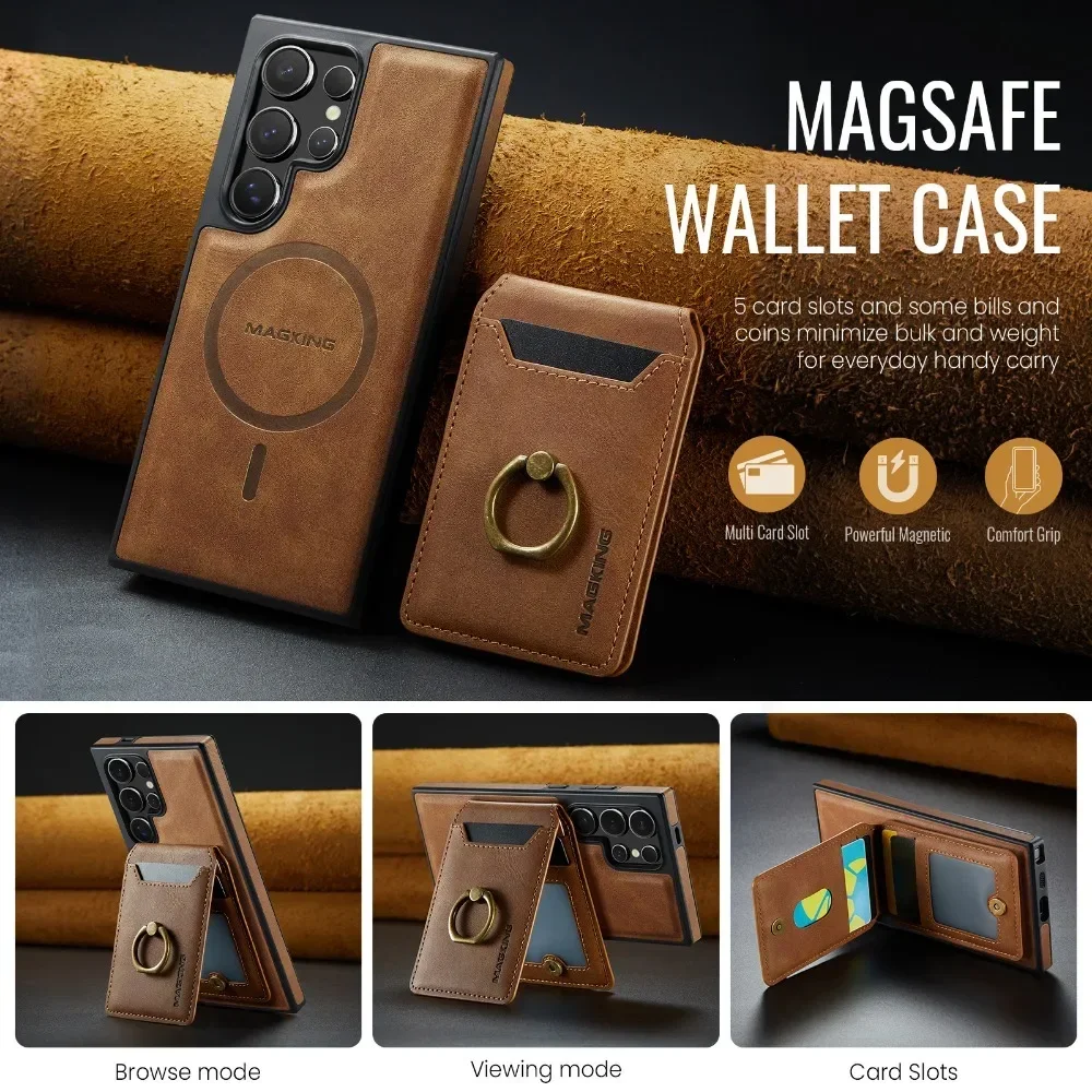 Detachable Magnetic Leather Wallet with Card Holder and Ring Cover