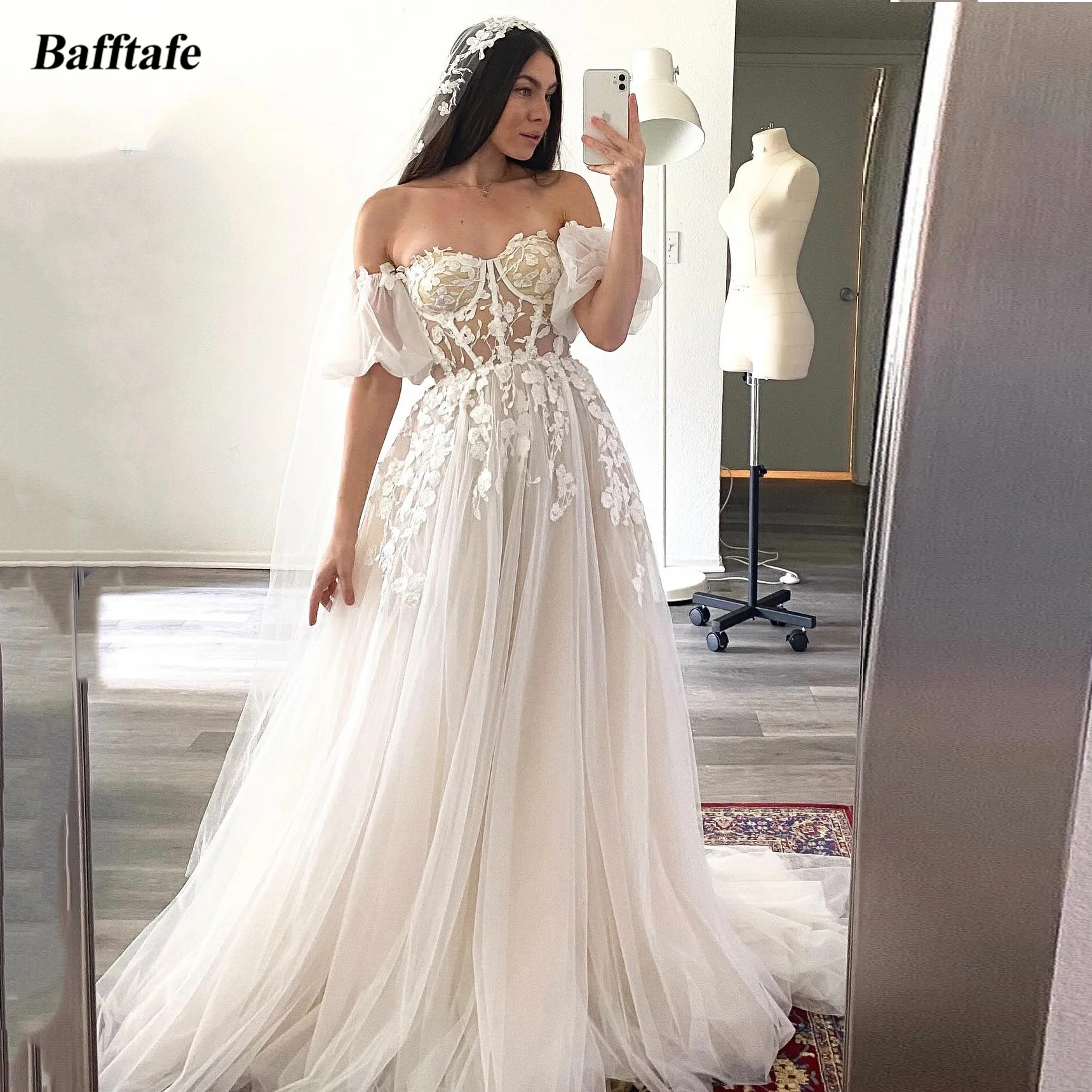 

Bafftafe A Line Appliques Lace Wedding Bride Dresses Puff Short Sleeves Boho Bridal Gowns Transparent Top Formal Party Dress