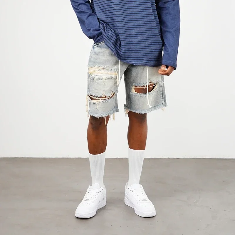 High Street Big Hole Versatile Loose Denim Shorts Slatt American Fashion Damaged Burr Edge Hanging Beard Washed
