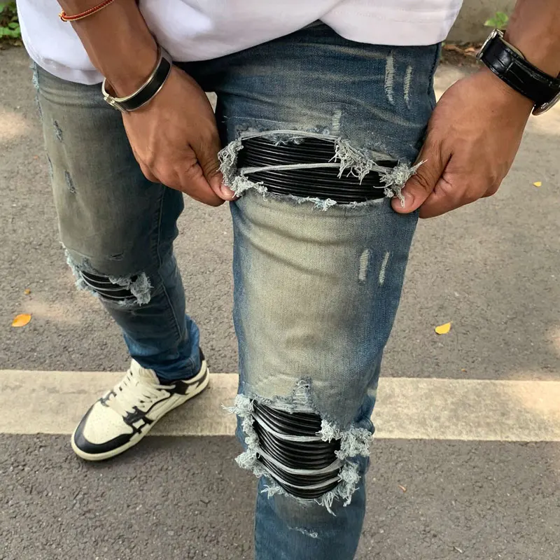 New Street Fashion Men's Elastic Jeans Vintage Blue Slim Fit Split Letter Black Jeans Black Patch Designer Hip Hop Brand Pants