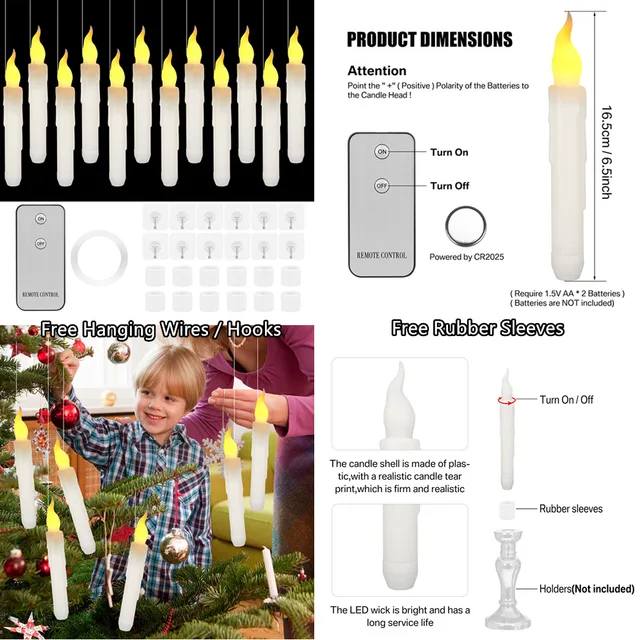 Bougies coniques scintillantes sans flamme, avec/sans télécommande, minuterie, variateur, chandeliers à piles pour noël et mariage 4