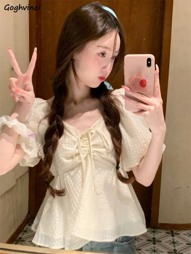 

Блузка женская с пышными рукавами, Милая Нежная Простая рубашка в стиле колледжа для девушек, модная винтажная универсальная одежда, на лето