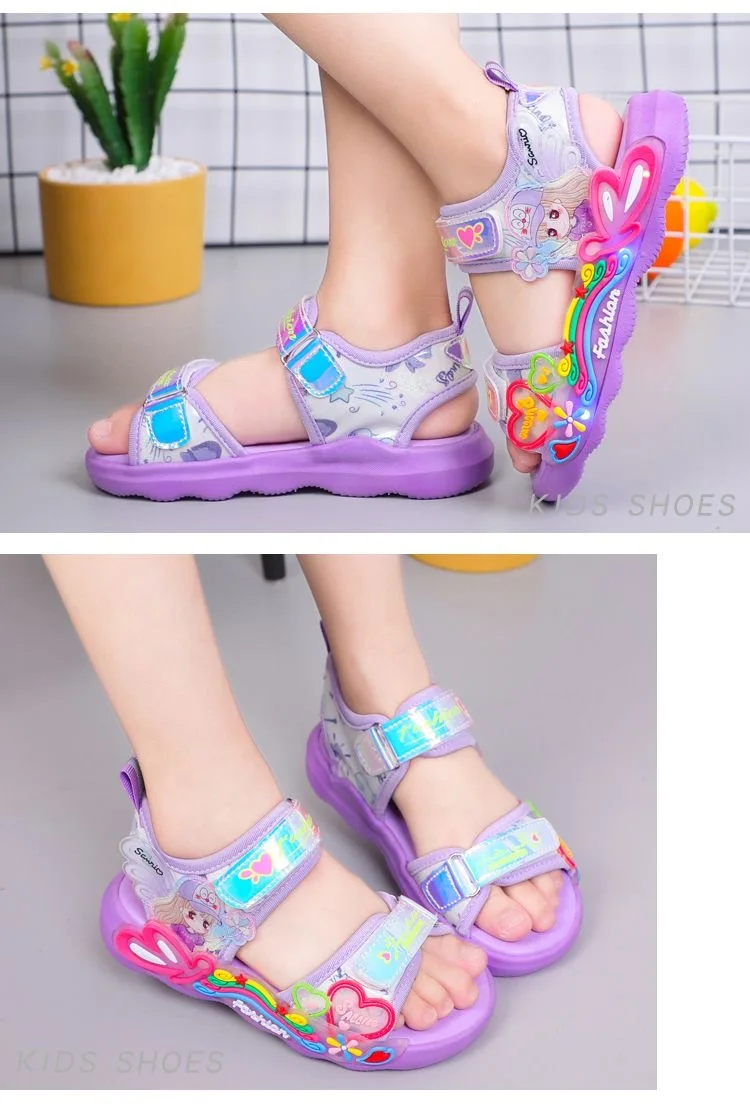 Description Picture 6 of item2024 Girls' Summer Cute Casual Shoes Sandals Led Glow Anti-skid Soft Soles Pink Purple Children Beach Mesh Shoes Size 23-36