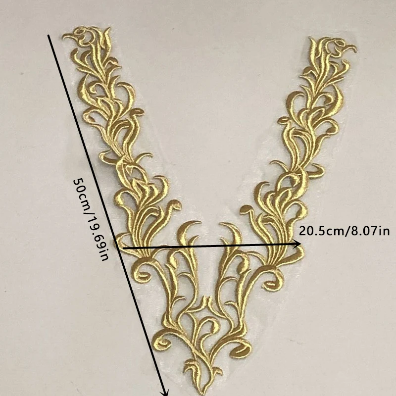 Gold Thread Mesh Embroidery Collar Patch Heavy-Duty Embroidered Gold Lace Appliques DIY Sewing Clothes Decorative Accessories