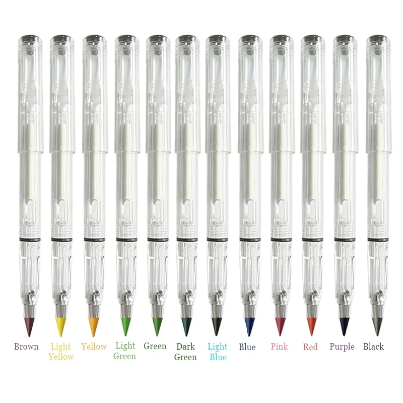 13Pcs/set Transparent Eternal Pencils with 12 Color Interchangeable Heads Ink Free Art Painting Office Signature Tools Unlimited 3