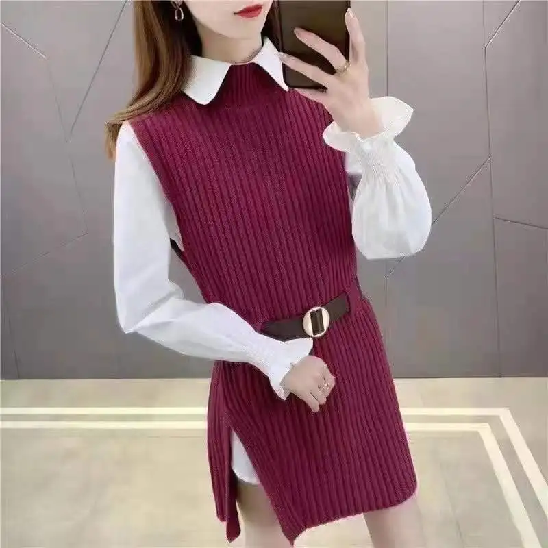 

2024 Spring Autumn Women's Lantern Sleeve Shirt Knitted Vest Two Piece Sets Of College Style Waistband Vest Two Sets Top
