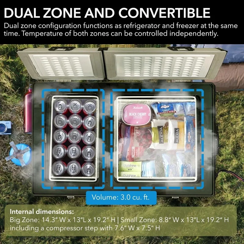 Whynter FM-901DZ 90 Quart Dual Zone Portable Fridge Optional Wheels, AC 110V/ DC 12V Real Freezer for Car, Home