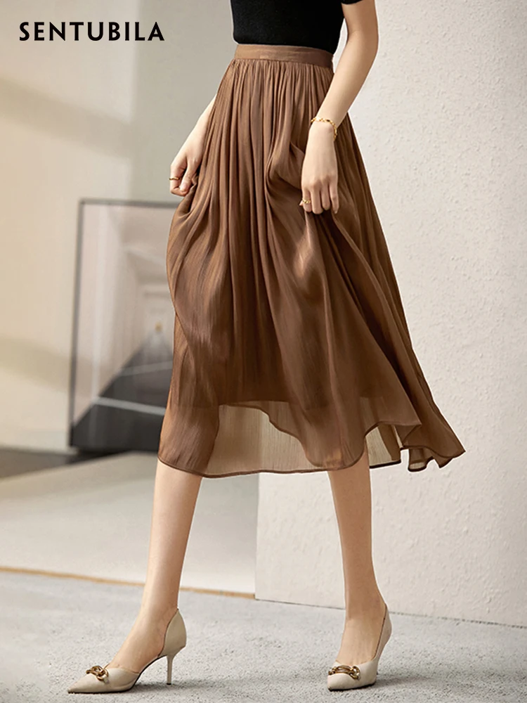 

Sentubila Chiffon Skirt for Women 2024 Spring Summer Elastc High Waist Lined Casual Fashion Midi Skirt Women Clothes 123Q42817