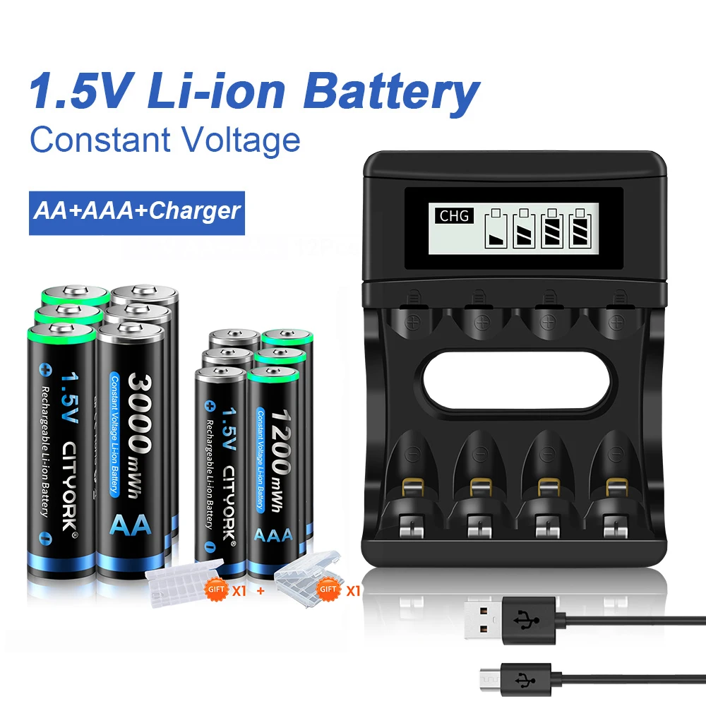 CITYORK Lot 4 Piles AAA Lithium Rechargeables 1,5V - Avec Chargeur USB-C 4 En 1 - 1200 MWh