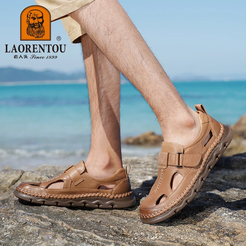 LAORENTOU summer Breathable Middle aged Baotou Hole Shoes Men's Genuine Leather Casual Anti slip Dad Leather Sandals 57513 5