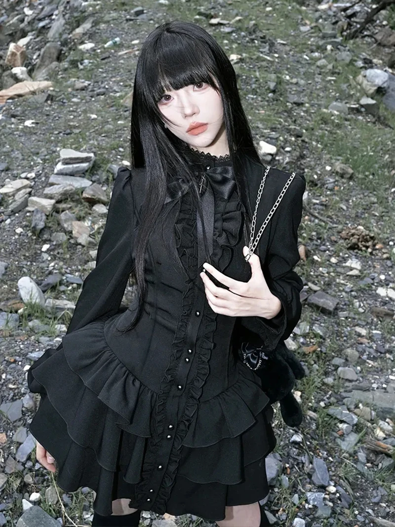 Y2K Lolita Dress - Gothic Mini Patchwork Lace Vintage Black Ruffle Slim Fit