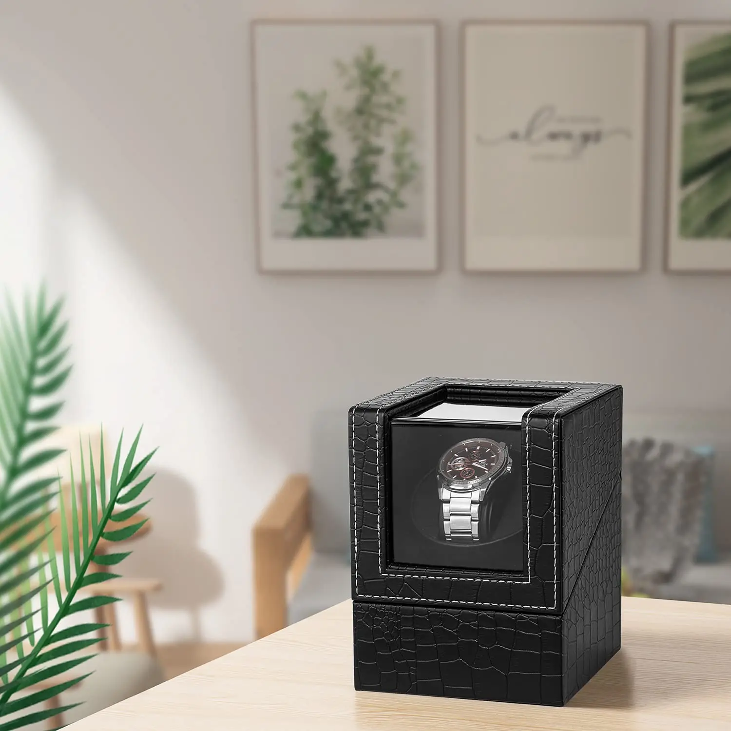 Automatic Single Watch Winder in Black Crocodile Pattern Leather with Japanese Quiet Motor AC Adapter Or Battery Powere images - 6