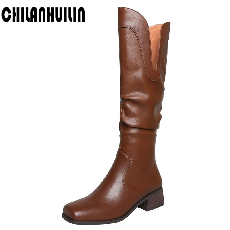 

western boots retro quality handmade cow leather cowboy knee high boots chunky high heel female botas mujer ladies street shoes