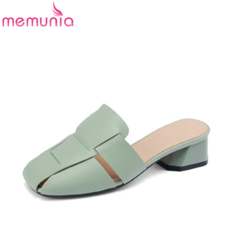 

MEMUNIA 2022 New Simple Genuine Leather Sandals Woman Fashion Med Heels Solid Summer Casual Ladies Shoes