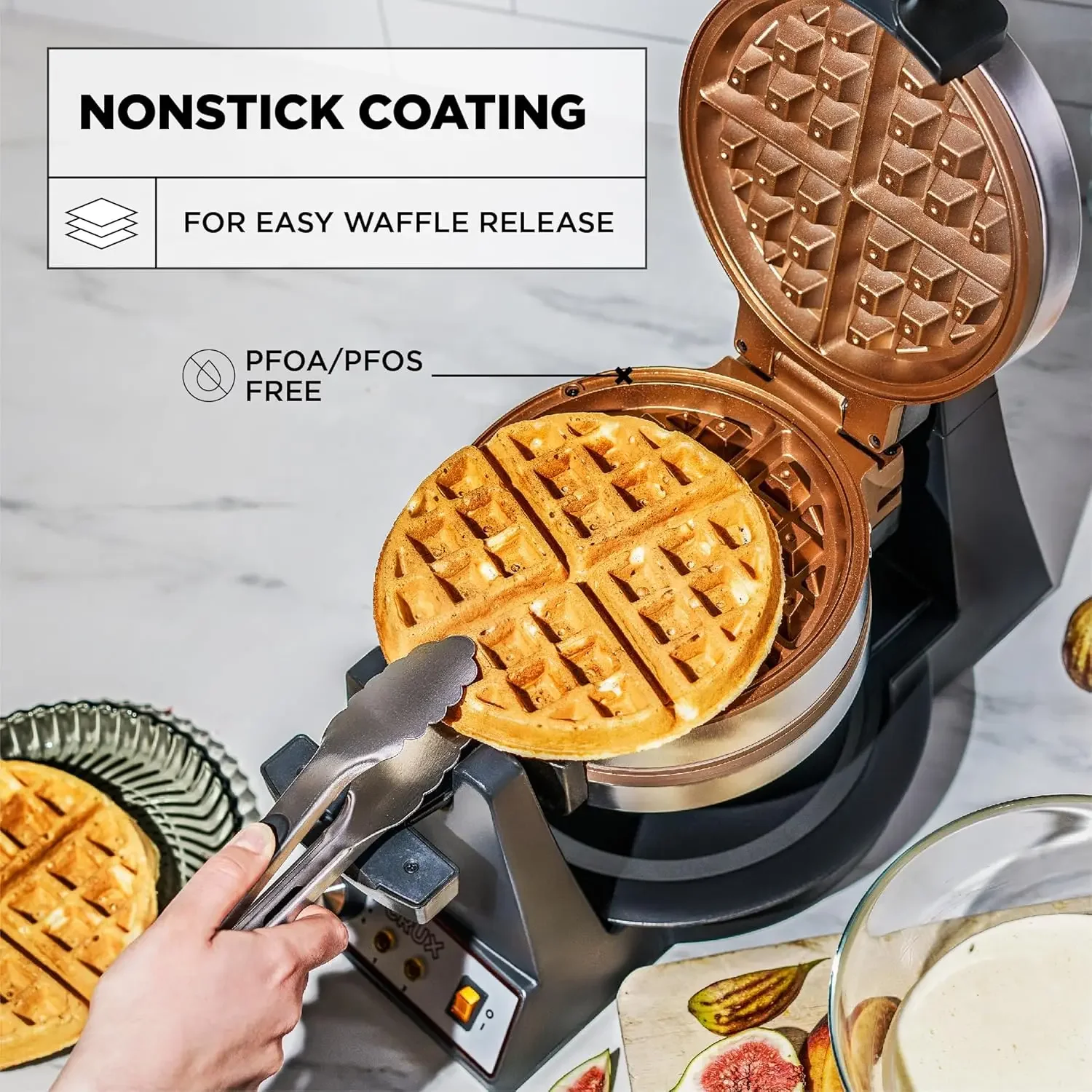 Double Rotating Belgian Waffle Maker, Keto Chaffles Iron with Nonstick PFOA Free Copper Plates for Easy Food Release, Browning C 5