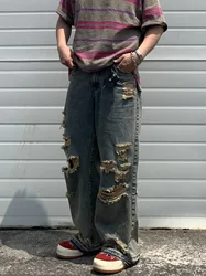 2024 Summer New Korean Edition Personalized Straight Barrel Broken Hole Beggar Casual Jeans men's for Men streetwear