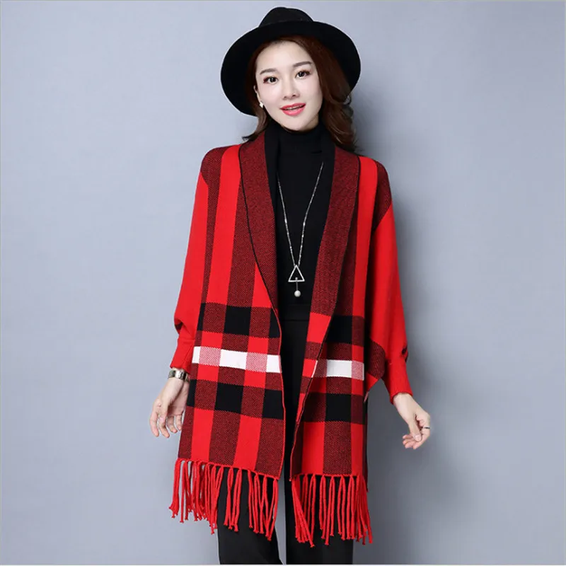 Women Autumn Long Batwing Sleeves Big Pendulum Cape Outstreet Wear Winter Knitted Striped Poncho Vintage Tassel Shawl Coat