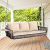 3-Seats Wicker Porch Swing Hanging Bench Chair Outdoor Gray Rattan Patio Swing Lounge with Cushions for Garden,  Balcony 1
