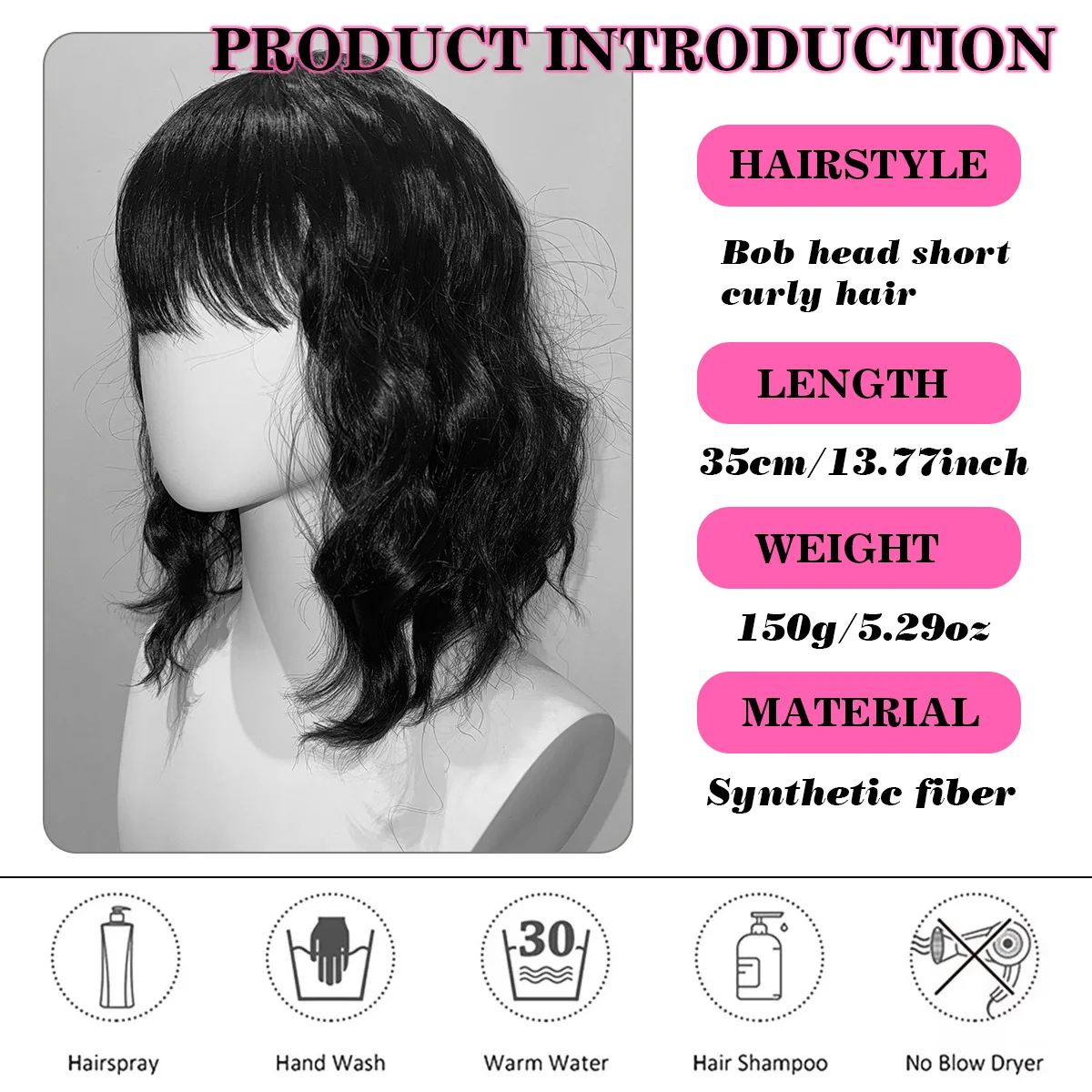 Synthetic Bob Wigs for Cosplay Short Black Wigs for Women 14 Inch Wavy Wig with Bangs Natural Looking Heat Resistant