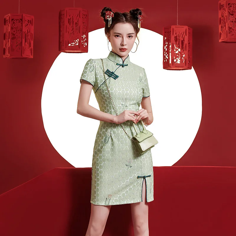 

Summer Short-sleeved Polka Dot Lace Retro Cheongsam Chinese Dress Yuong Girls Improved Qipao Asian Performance Dress for Women
